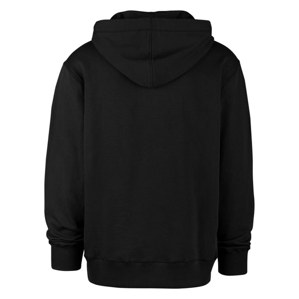 The model is wearing this MLB New York Yankees Imprint ’47 Burnside Pullover Hoodie in black. 2