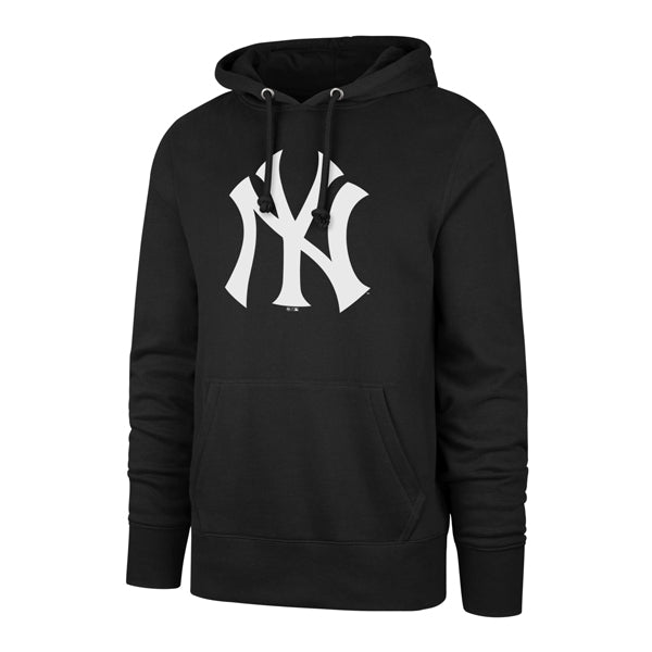 The model is wearing this MLB New York Yankees Imprint ’47 Burnside Pullover Hoodie in black. 1