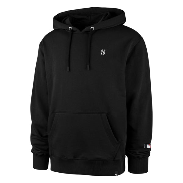 The model is wearing this MLB New York Yankees Base Runner ’47 Burnside Pullover Hoodie in black. 1