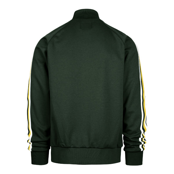 The model is wearing this MLB Oakland Athletics Jetway ’47 Full Zip Track Jacket in dark green. 2