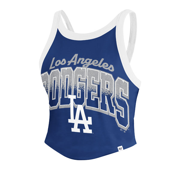 The model is wearing this MLB Los Angeles Dodgers Womens Shimmer Shadow ’47 Tank in blue. 1