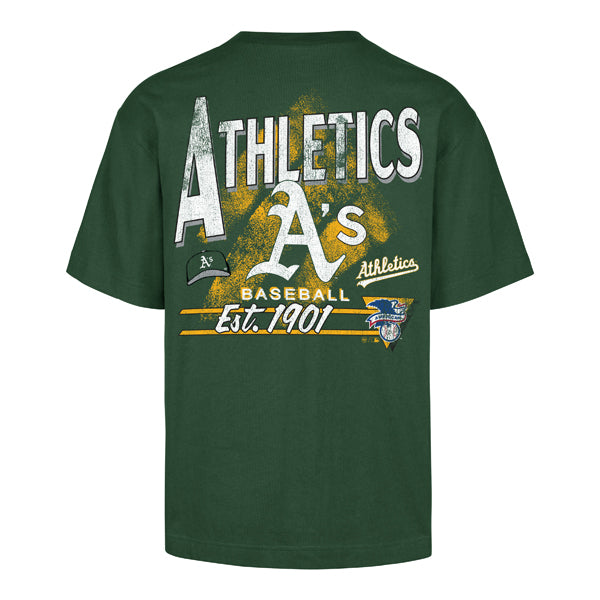 The model is wearing this MLB Athletics Under Bar ’47 Foundation T-Shirt in dark green. 2