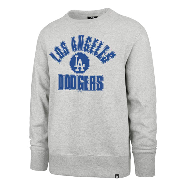 The model is wearing this MLB Los Angeles Dodgers Issued ’47 Headline Crewneck Sweatshirt in grey. 1