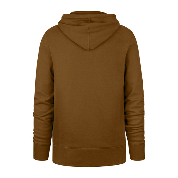 The model is wearing this MLB New York Yankees Base Runner ’47 Burnside Pullover Hoodie in dark brown. 2