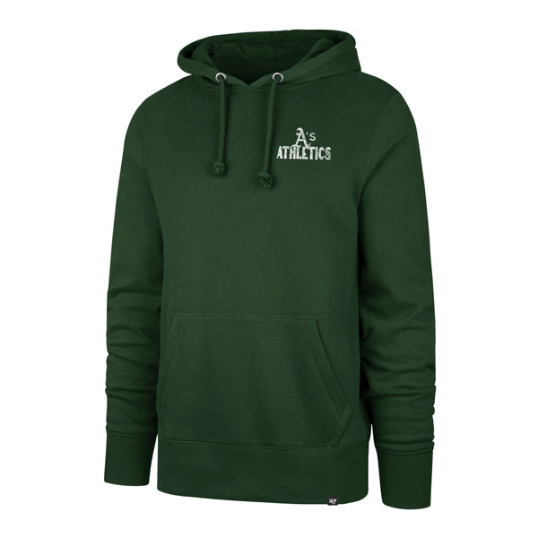 The model is wearing this MLB Oakland Athletics Arcitext Headline ’47 Hoodie in dark green. 1