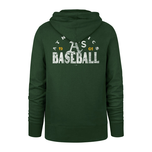 The model is wearing this MLB Athletics Arcitext Headline ’47 Hoodie in dark green. 2