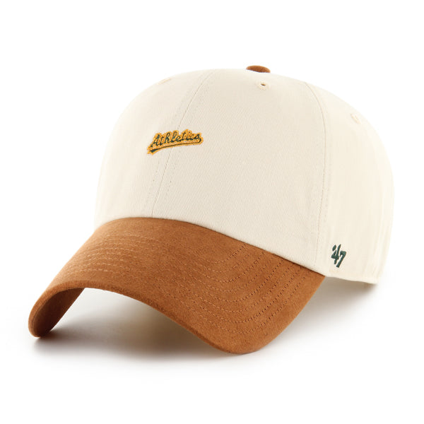 Pictured is this MLB Oakland Athletics Script Suede Visor ’47 CLEAN UP cap in natural. 1