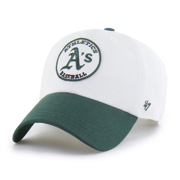 Pictured is this MLB Oakland Athletics Pique Patch ’47 CLEAN UP cap in white & green. 1