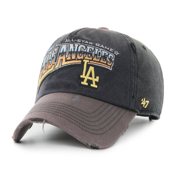 Pictured is this MLB Los Angeles Dodgers Graphic Distress Wash ’47 CLEAN UP Pitch Front cap in charcoal. 1