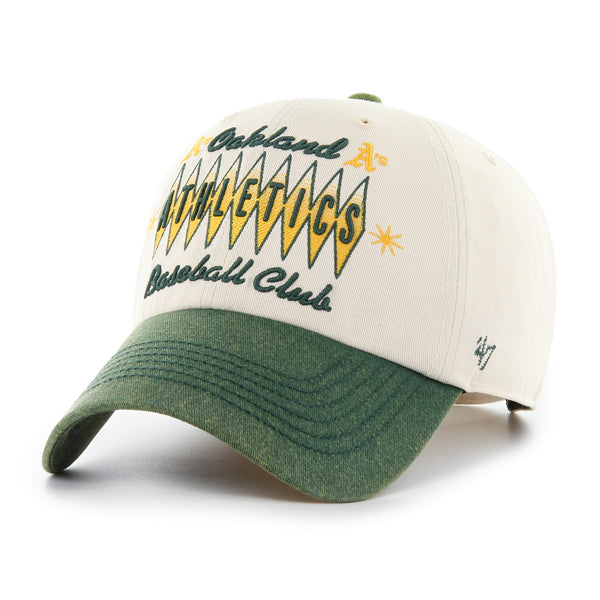 Pictured is this MLB Oakland Athletics Cooperstown TT Graphic Washed ’47 CLEAN UP cap in natural. 1