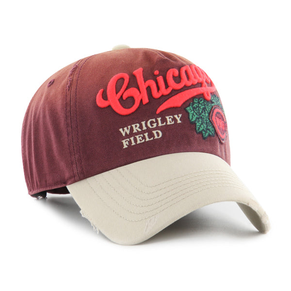 Pictured is this MLB Chicago Cubs Cooperstown TT Script Washed ’47 CLEAN UP Pinch Front cap in dark purple. 2