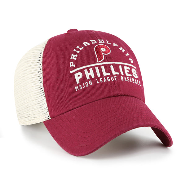 Pictured is this MLB Philadelphia Phillies Windham Mesh '47 CLEAN UP cap in dark red. 3