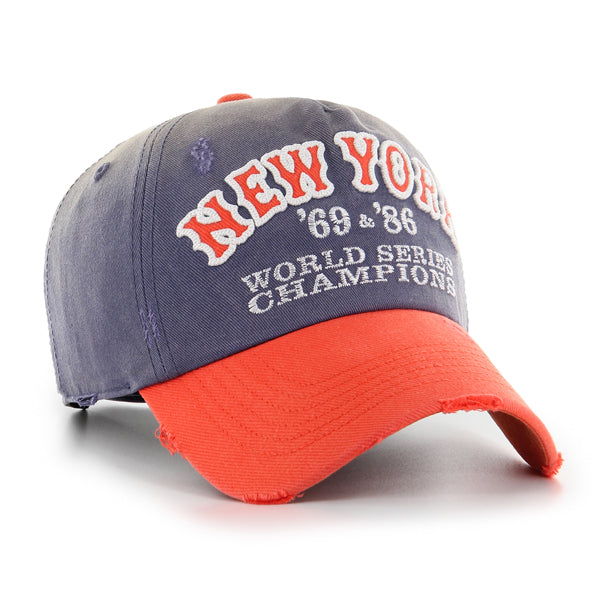 Pictured is this MLB New York Mets Cooperstown Arch Script Washed ’47 CLEAN UP Pinch Front cap in navy. 2