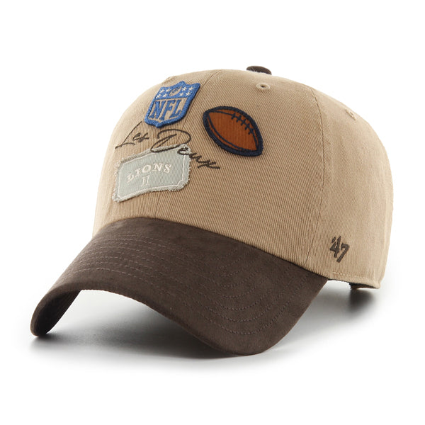 Pictured is this Les Deux X NFL Suede TT Badges Detroit Lions ’47 CLEAN UP cap in beige. 2