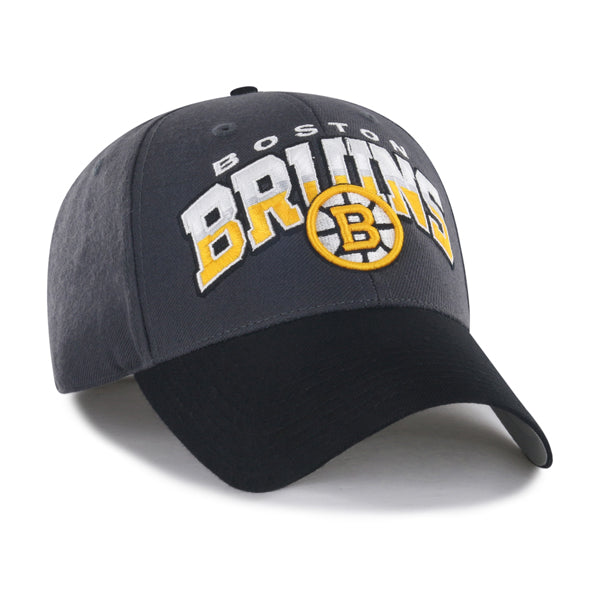 Pictured is this NHL Boston Bruins Split Block ’47 MVP cap in charcoal. 2