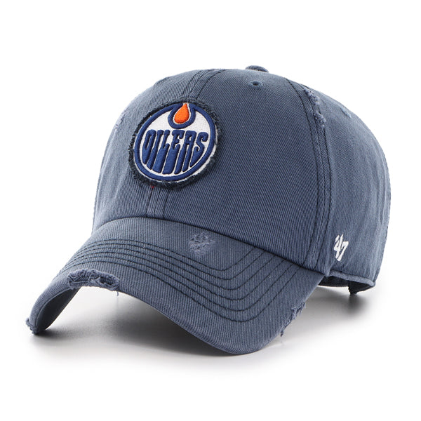 Pictured is this NHL Edmonton Oilers Weathered '47 CLEAN UP cap in navy. 1