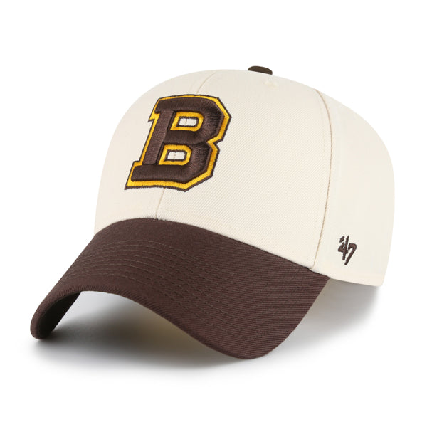 Pictured is this NHL Boston Bruins Sure Shot ’47 MVP cap in natural. 2