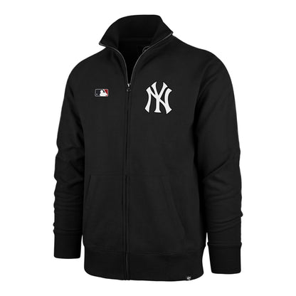 The model is wearing this MLB New York Yankees ’47 Islington Track Jacket in black. 1