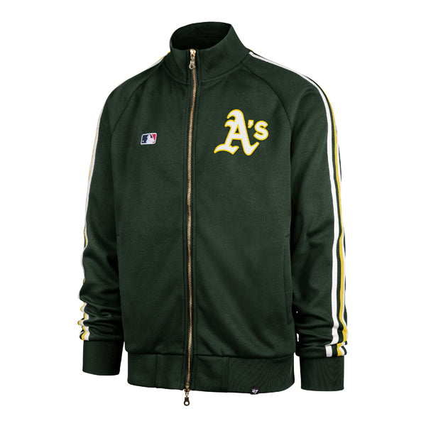 The model is wearing this MLB Oakland Athletics Jetway ’47 Full Zip Track Jacket in dark green. 1