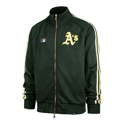 The model is wearing this MLB Oakland Athletics Jetway ’47 Full Zip Track Jacket in dark green. 1