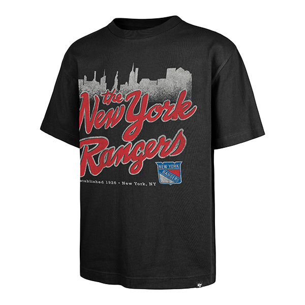 The model is wearing this NHL New York Rangers Sigma ’47 Foundation T-Shirt in black. 1