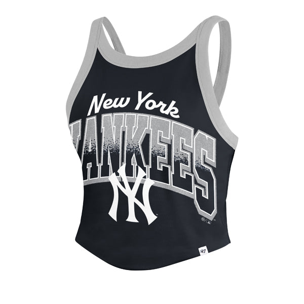 The model is wearing this MLB New York Yankees Womens Shimmer Shadow ’47 Sporty Tank Top in navy. 1