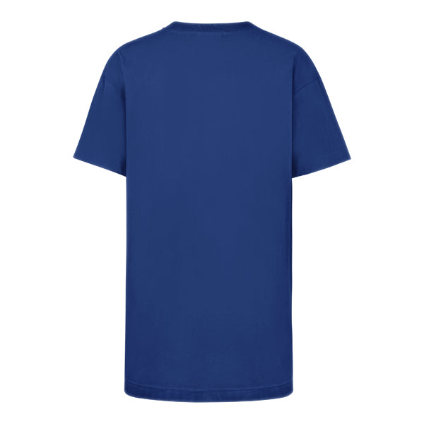 The model is wearing this MLB Los Angeles Dodgers Womens Gemstone Swash ’47 T-Shirt Dress in blue. 2