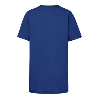 The model is wearing this MLB Los Angeles Dodgers Womens Gemstone Swash ’47 T-Shirt Dress in blue. 2