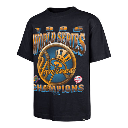 The model is wearing this MLB New York Yankees 96 ’47 Foundation T-Shirt in navy. 1