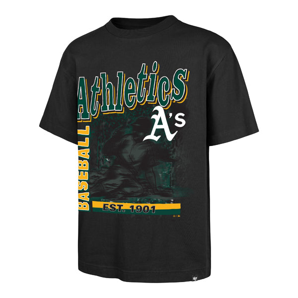 The model is wearing this MLB Oakland Athletics Speed Burst ’47 Foundation T-Shirt in black. 1