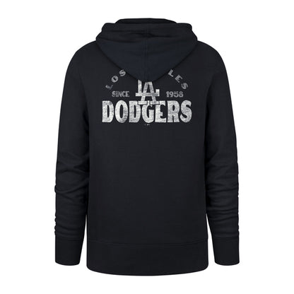 The model is wearing this MLB Los Angeles Dodgers Arcitext Headline ’47 Hoodie in dark blue. 2