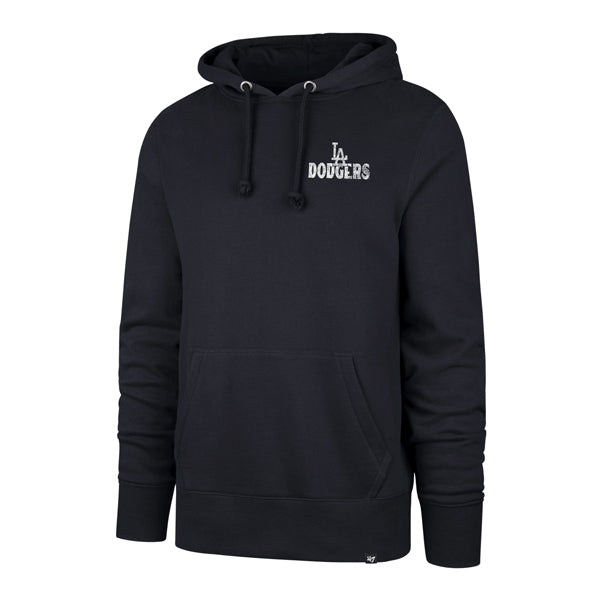 The model is wearing this MLB Los Angeles Dodgers Arcitext Headline ’47 Hoodie in dark blue. 1