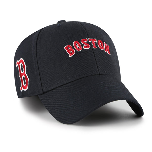 Pictured is this MLB Boston Red Sox Ballpark Script Shot '47 MVP cap in navy. 1