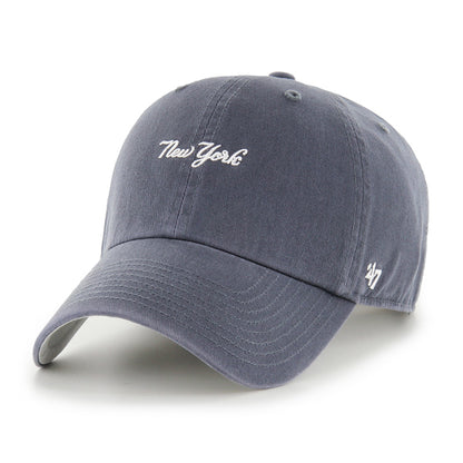 Pictured is this MLB New York Yankees Script Base Runner '47 CLEAN UP cap in navy. 1