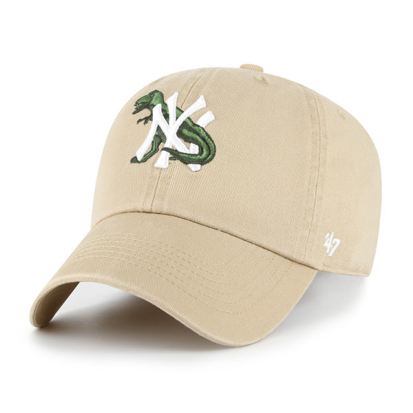 Pictured is this MLB New York Yankees Critter Kids '47 CLEAN UP cap in beige/khaki. 1