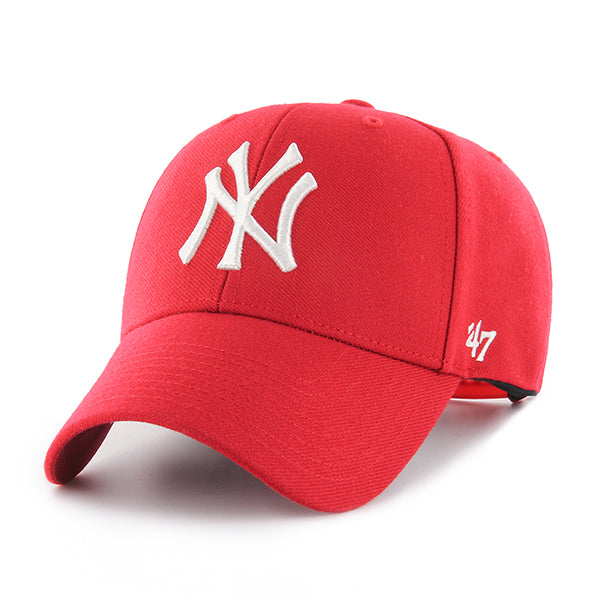 Pictured is this MLB New York Yankees Snapback ’47 MVP cap in red. 1