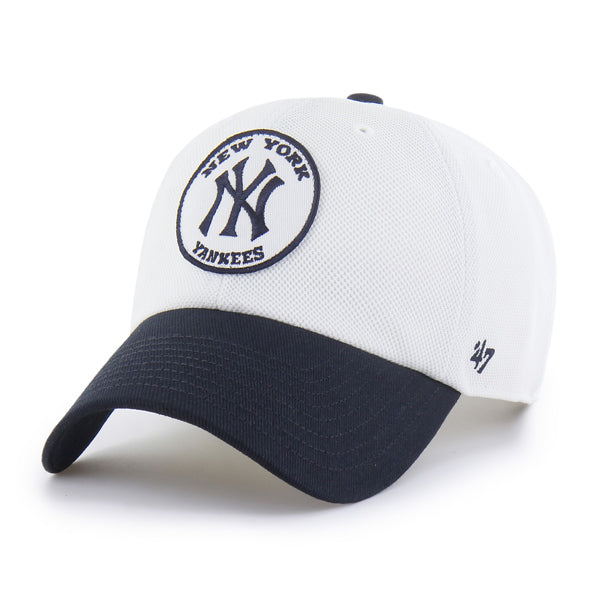 Pictured is this MLB New York Yankees Pique Patch ’47 CLEAN UP cap in white & navy. 1