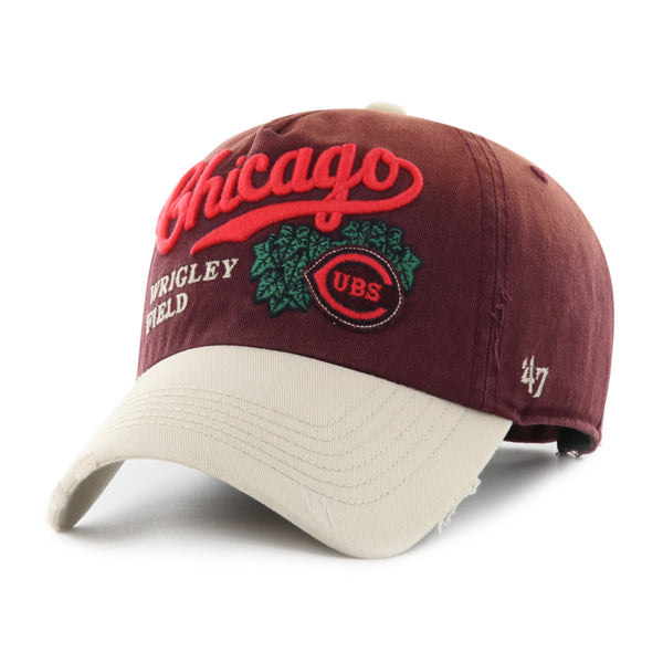 Pictured is this MLB Chicago Cubs Cooperstown TT Script Washed ’47 CLEAN UP Pinch Front cap in dark purple. 1