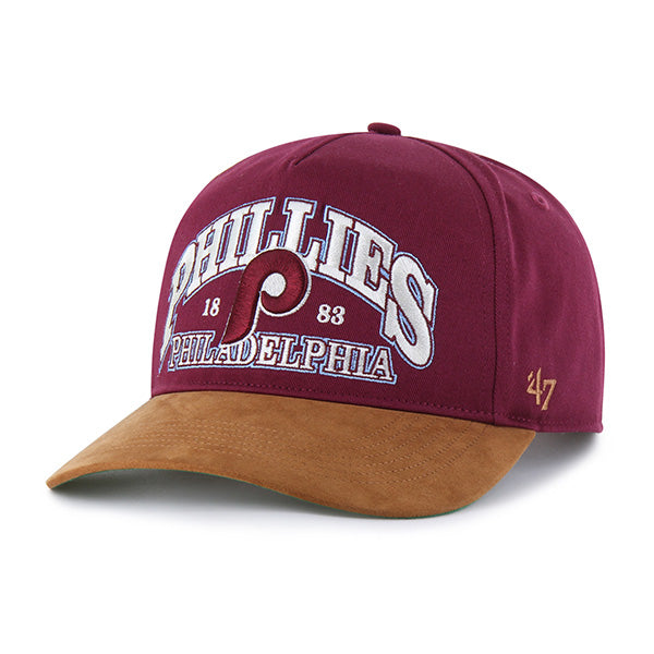 Pictured is this MLB Philadelphia Phillies Break Wood Suede '47 HITCH cap in dark red. 1