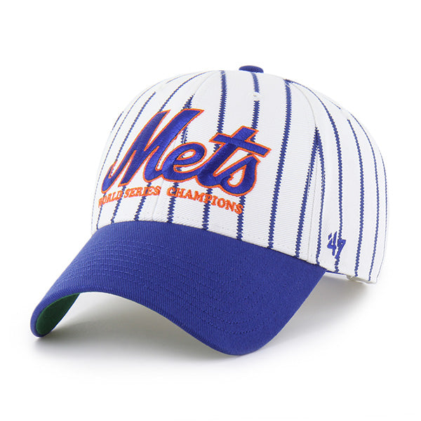 Pictured is this MLB New York Mets 86 Mets Pinstripe ’47 MVP cap in white & blue. 1