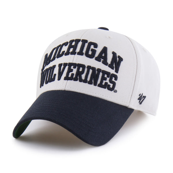 Pictured is this Collegiate Michigan Wolverines Broke Line ’47 MVP cap in white & navy. 1