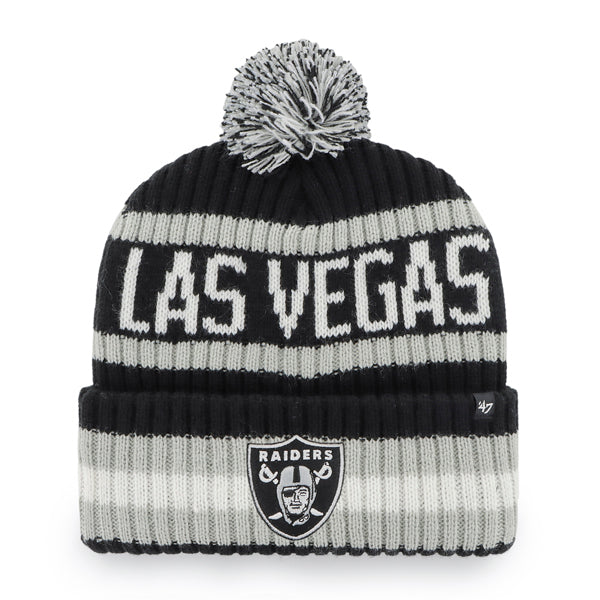 Pictured is this NFL Las Vegas Raiders Bering ’47 CUFF KNIT beanie cap in black. 1