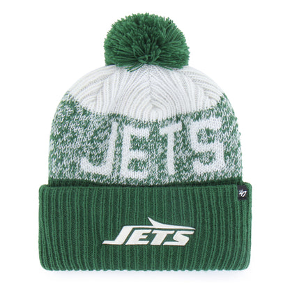 Pictured is this NFL New York Jets Bone Chill ’47 CUFF KNIT beanie cap in bright green. 1