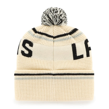 Pictured is this NFL Las Vegas Raiders Quattrle ’47 CUFF KNIT beanie cap in cream. 2