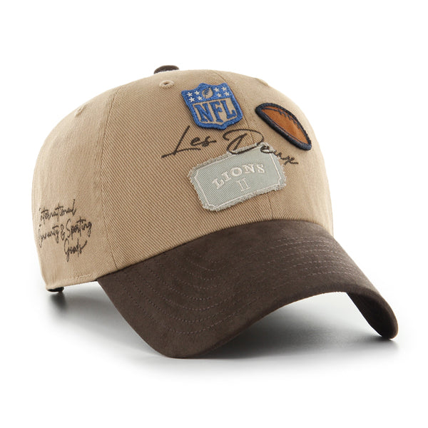 Pictured is this Les Deux X NFL Suede TT Badges Detroit Lions ’47 CLEAN UP cap in beige. 1
