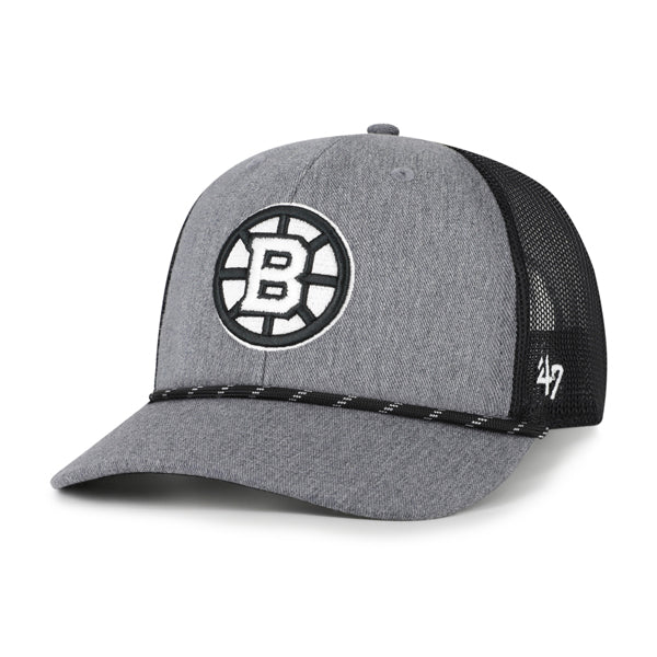Pictured is this NHL Boston Bruins Carbon Rope '47 TRUCKER cap in dark grey. 1