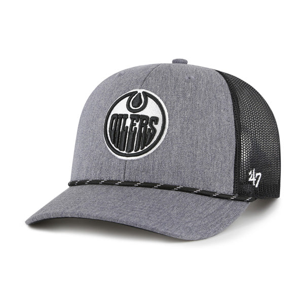 Pictured is this NHL Edmonton Oilers Carbon Rope '47 TRUCKER cap in dark grey. 1