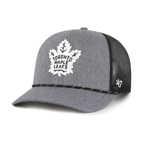 Pictured is this NHL Toronto Maple Leafs Carbon Rope '47 TRUCKER cap in dark grey. 1