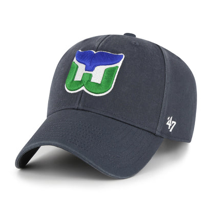 Pictured is this NHL Hartford Whalers Legend ’47 MVP cap in navy. 1