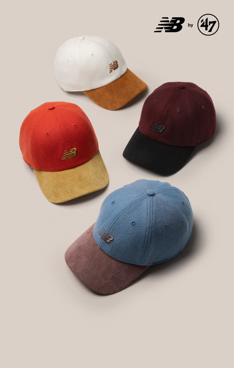 4 New Balance by 47 two tone colour hats in blue/ burgundy,  white/brown, burgundy/black and red/brown suede material 